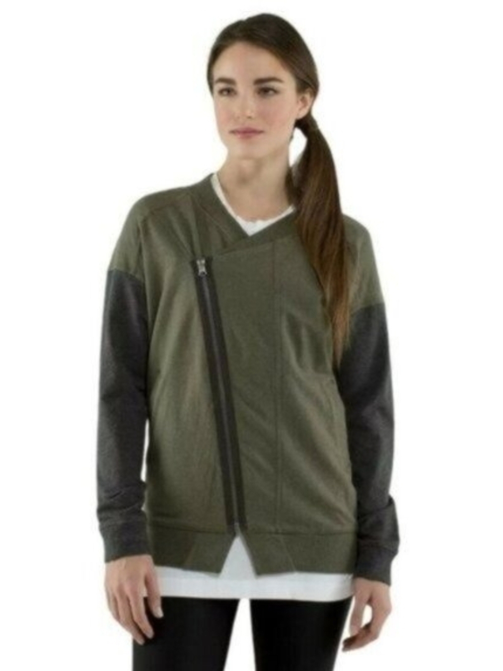 Lululemon Mula Bundle Wrap Jacket Womens 9 Fatigue Green Moto Asymmetrical